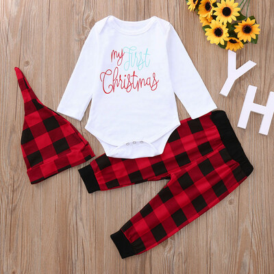 

Infant Baby Boys Girls Christmas XMAS Letter Plaid Romper Pants Hat Clothing Set