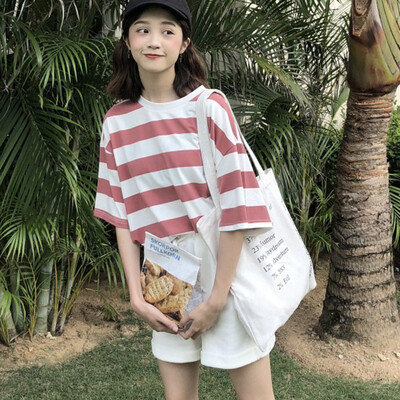 

Oversize Korean Style T-shirt Women Short Sleeve Striped Casual Loose Tee Hip Hop Streetwear Plus Size Cotton Blend Tshirt