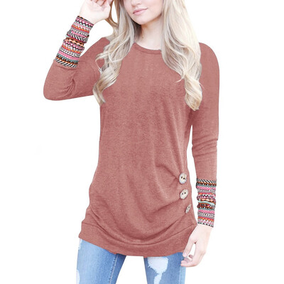 

Nomeni Women Long Sleeve Loose Button Trim Blouse Patchwork Round Neck Tunic T-Shirt