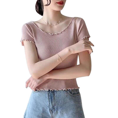 

Womens Fashion Ruffles O Neck Solid Short Sleeve Knitted Crop Top