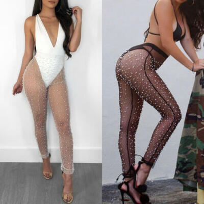 

Womens Pearl Mesh Sheer Pants Transparent Long Trousers Swimwear Bikini Cover Up
