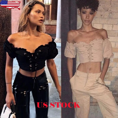 

US Womens Casual Sleeveless Lace-up Crop Tops Shirt Ladies Off Shoulder Blouse