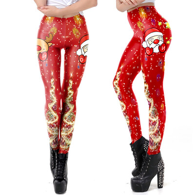 

Womens Christmas Santa Claus Elk Print Tighten High Waist Pencil Pants Trousers