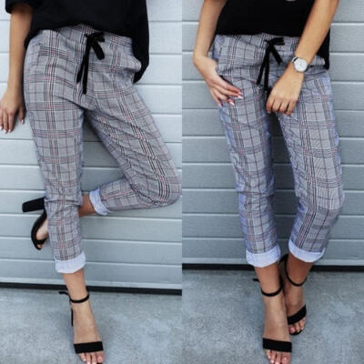 

Women Lady Casual High Waist Grey Plaid Long Pants Side Pockets Skinny Trousers
