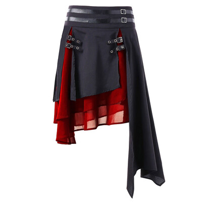 

Women Retro Gothic Irregular Layered Hem Slit Buckle Skirt High Waist Mini Skirt