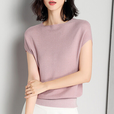 

Womens Fashion O Neck Solid Short Knitted Ice Silk Slim Pullover T-Shirt