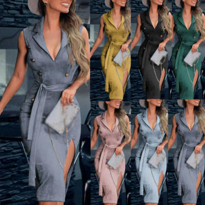

Sexy Womens Lady Sleeveless Bodycon Dress V-Neck Button Party Cocktail Sundress