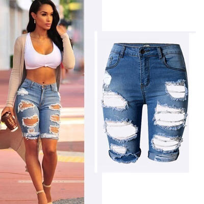 

Womens Ladies High Waist Ripped Hole Washed Distressed Short Jeans Size S-3XL