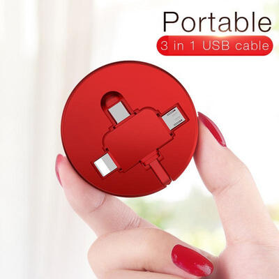

Portable 3 in 1 Retractable USB Data Cable with Round Case for Mobile Phone100cm-1m