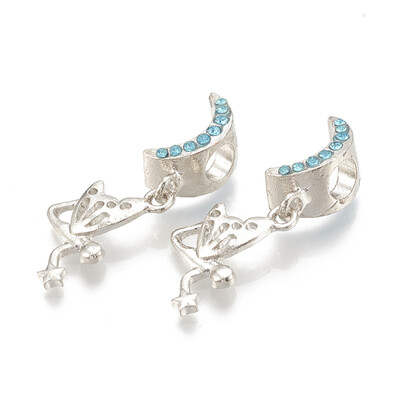 

Alloy European Dangle Beads Large Hole Pendants with Rhinestone Moon with Fairy Platinum Aquamarine 32mm