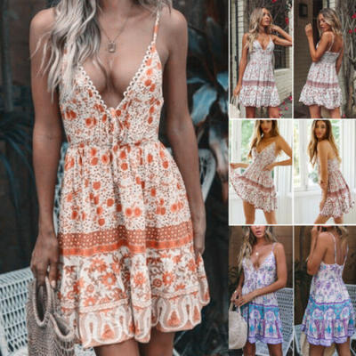 

Women Summer Boho Short Mini Dress Evening Cocktail Party Beach Dress Sundress