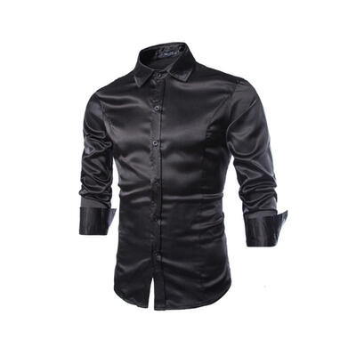 

Korean Version Shiny Casual Polyester Long Sleeve Shirt Fashion Mens Slim Fit Turn-down Collar Shirt