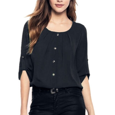

Women Elegant O Neck Pleated Chiffon Blouse Button Loose Solid Casual T Shirts