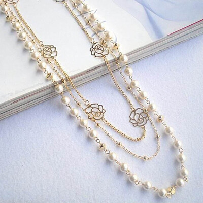 

Multilayer Sweater Chain Rose Flower Pearl Long AutumnWinter Necklace