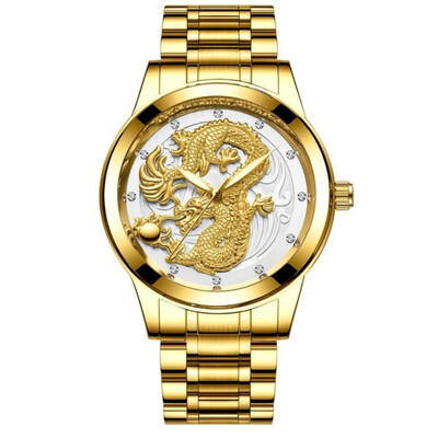 

Top Brand Luxury golden watches men Dragon dial stainless steel fashion diamonds wrist watch male quartz clock relogio masculino