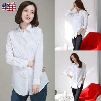 

US Women White V Collar Long Sleeve Slim Blouse Cotton Casual Shirt Tops -XL