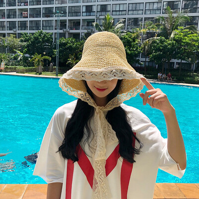 

Korean lace dome large brim straw hat children summer folding ribbon Lafite straw hat beach hat Sun Hat