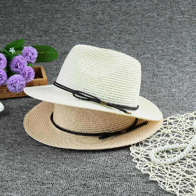 

Fashion Unisex Straw Hat Solid Color Wide Brim Braided Belt Summer Beach Hat Panama Hat WhiteBeige
