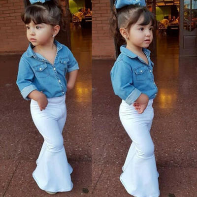 

Newborn Baby Girl Denim Tops T-shirt Wide Leg Flared Bell Bottom Pants Outfit