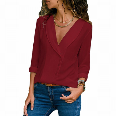 

Solid color V-neck long-sleeved button casual loose blouse top