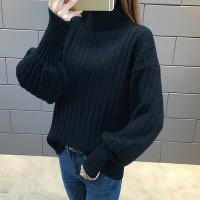 

Autumn Winter Thicken Warm Knitted Sweaters Fashion Lantern Sleeve Turtleneck Sweater Tops Female Casual Loose Basic Pullovers