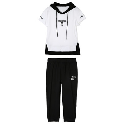 

QIAN DUO HAN Girls Cotton Short Sleeve Top Black Pants Big Boy Set 12828