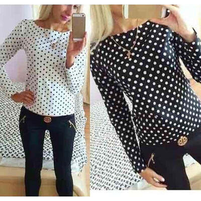 

New Sexy Fashion Women Loose Chiffon Tops Long Sleeve Dot Shirt Casual Blouse