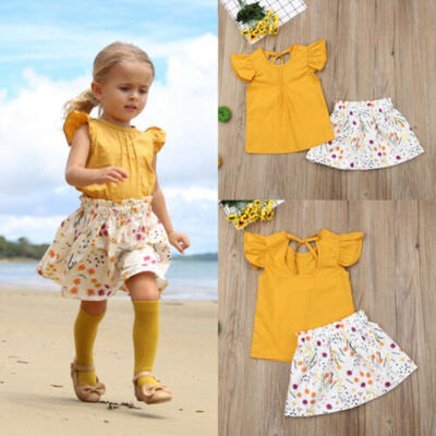 

2PCS Toddler Baby Girl Outfits Clothes Set Flying Sleeve Dress TopsFloral Skirt