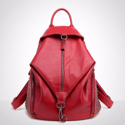 

women black travel real Leather messenger School bool backpack rucksack Bag