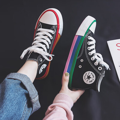

The autumn 2019 new high canvas womens shoes Korean version of Joker Rainbow shoes autumn net red ultra-hot shoes tide shoes