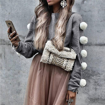 

Tailored Fashion Women Solid Color Hairball Long Sleeve Loose Sweatshirt Tops Blouse