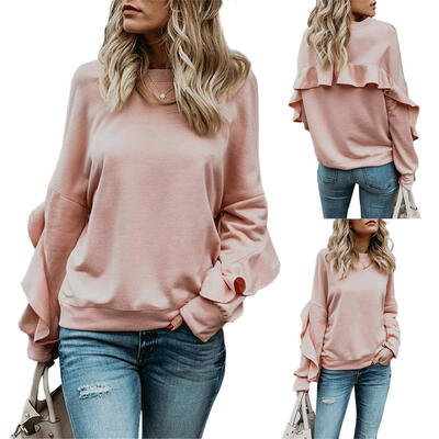 

Autumn Winter Women O-Neck Long-Sleeves Ruffle Tops Pure Color Sweatershirt