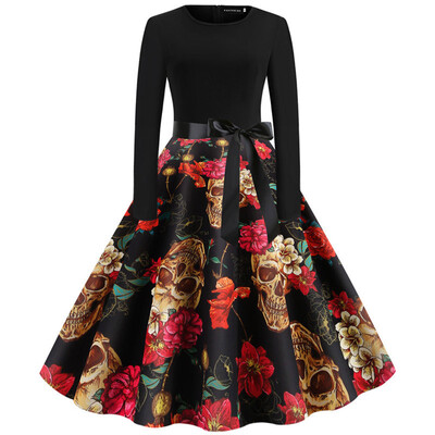 

Fashion Women Halloween Long Sleeve Dress Pumpkin Skull 3D Print Dress Round Collar Casual Christmas Festival Dresses