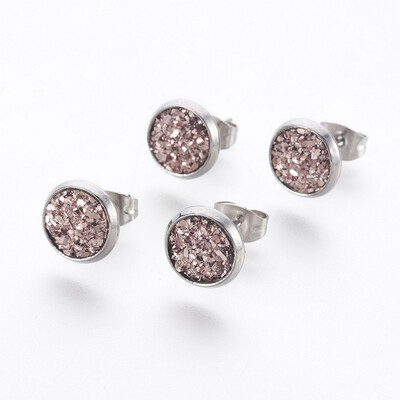 

304 Stainless Steel Stud Earrings with Resin Druzy Flat Round RosyBrown 14x10mm Pin 08mm