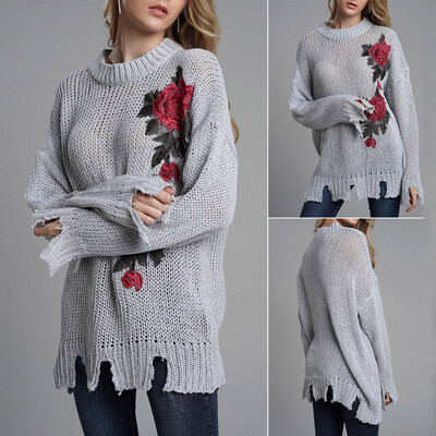 

〖Follure〗Women Loose Knitted Floral Print Long Sleeve O-Neck Embroidered Sweater Blouse