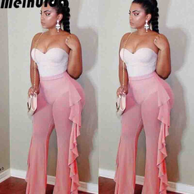 

Women Lace See Through High Waist Flared Trouser Beach Summer Holiday Mesh Pants