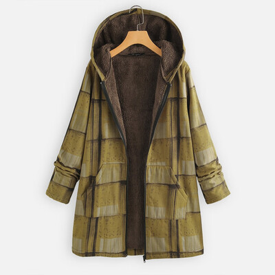 

Gobestart Fashion Women Winter Autumn Hooded Vintage Ethnic Plaid Print Zipper Fleece Coat