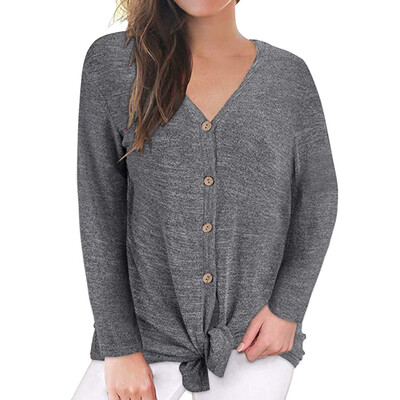 

Nomeni Womens V-Neck Long Sleeves Button Down Tie Front Knot Casual Loose T-Shirt Tops