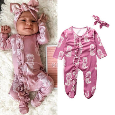 

US Infant Baby Girl Clothes Mermaid Print Ruffle Romper JumpsuitHeadband Outfit