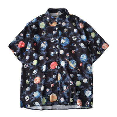 

Women Retro Cartoon Planet Print Blouse Shirt Summer Short Sleeve Lapel Shirt Women Tops Loose Casual Blouses Blusas