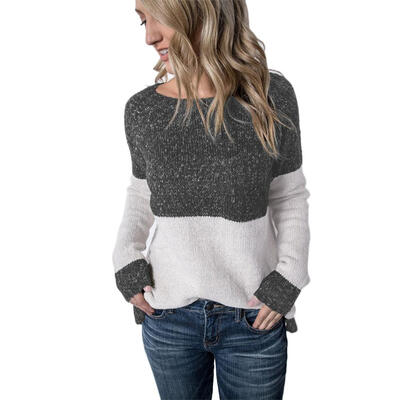 

Autumn Casual Women Sweater O-neck Knit Splicing Color Long Sleeve Tops