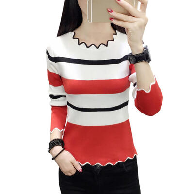 

Autumn Women Knit Bottom Shirt Stripe Long Sleeve O-neck Wavy Edge Tops