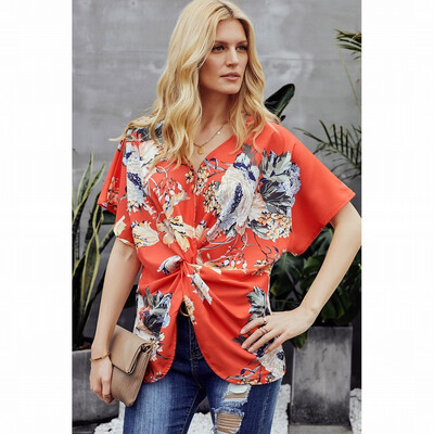 

Bohemian printed shirt Womens V-neck loose knotted shirt