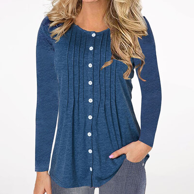 

Autumn Winter Fashion Casual Women Cotton O-neck Long sleeve Button-down T-shirt