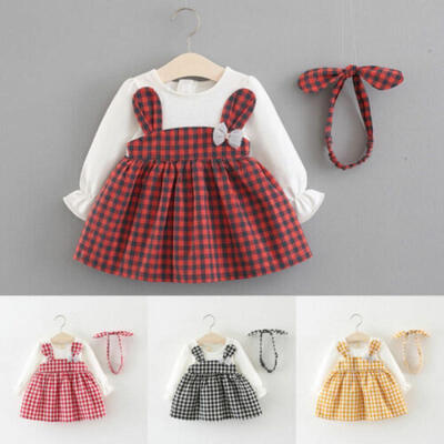 

Newborn Baby Girl Rabbit Ear Long Sleeve Tutu One-Piece Check DressHeadband Set