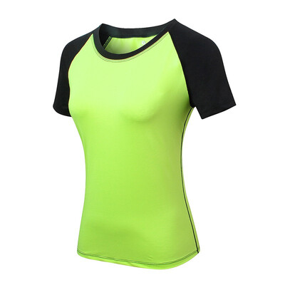

Womens yoga tight short sleeve fitness running exercise training speed dry stretch matching color round neck T-shirt