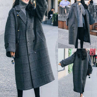 

Gobestart Women Work Plaid Vintage Winter Office Long Sleeve Button Woolen Jacket Coat