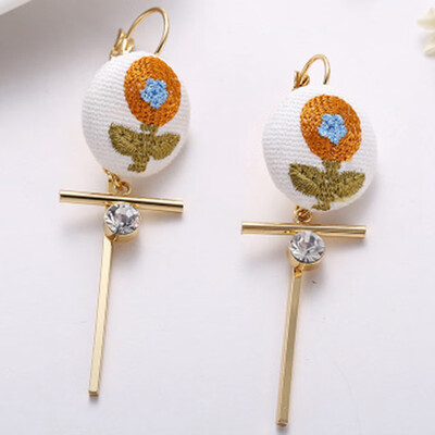

Women Embroidered Flower Cactus Cloth Ball Button Design Crystal Pendant Earring