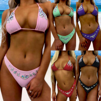 

Women Rhinestone Crystal Diamond Push-up Bikini Set Bathing Swimsuit Beachwear