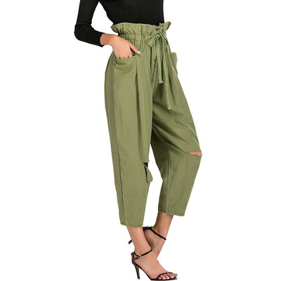 

Fashion Women Holes Harem Pants High Waist Solid Color Pleated Bow Tie Loose Trousers Streetwear